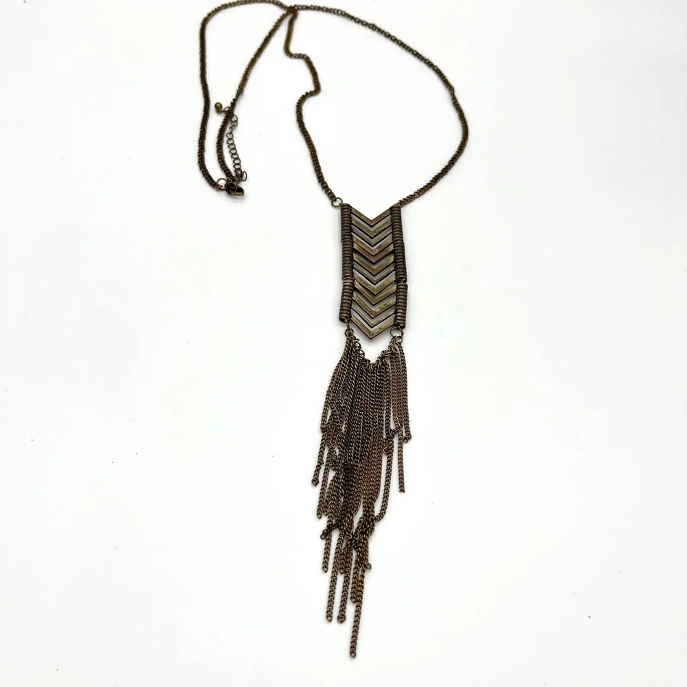 Chevron Tassel Pendant‎ Necklace Bronze Tone Long Chain Fashion Jewelry